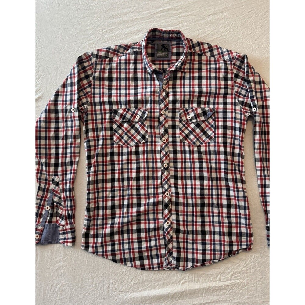 Bench Plaid Button Down Shirt Red White Blue Casual Streetwear Pocket Y2K Size M